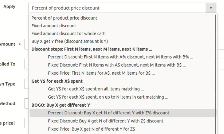 Magento price cart rule - actions list. The selected action is BOGO - percent discount