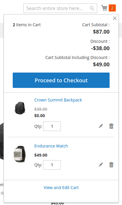 Magento minicart with one watch and one bag. The bag is discounted.