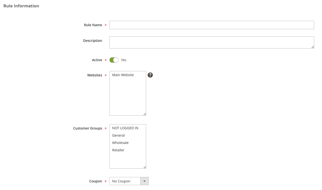 The Rule Information tab in the cart price rule configuration