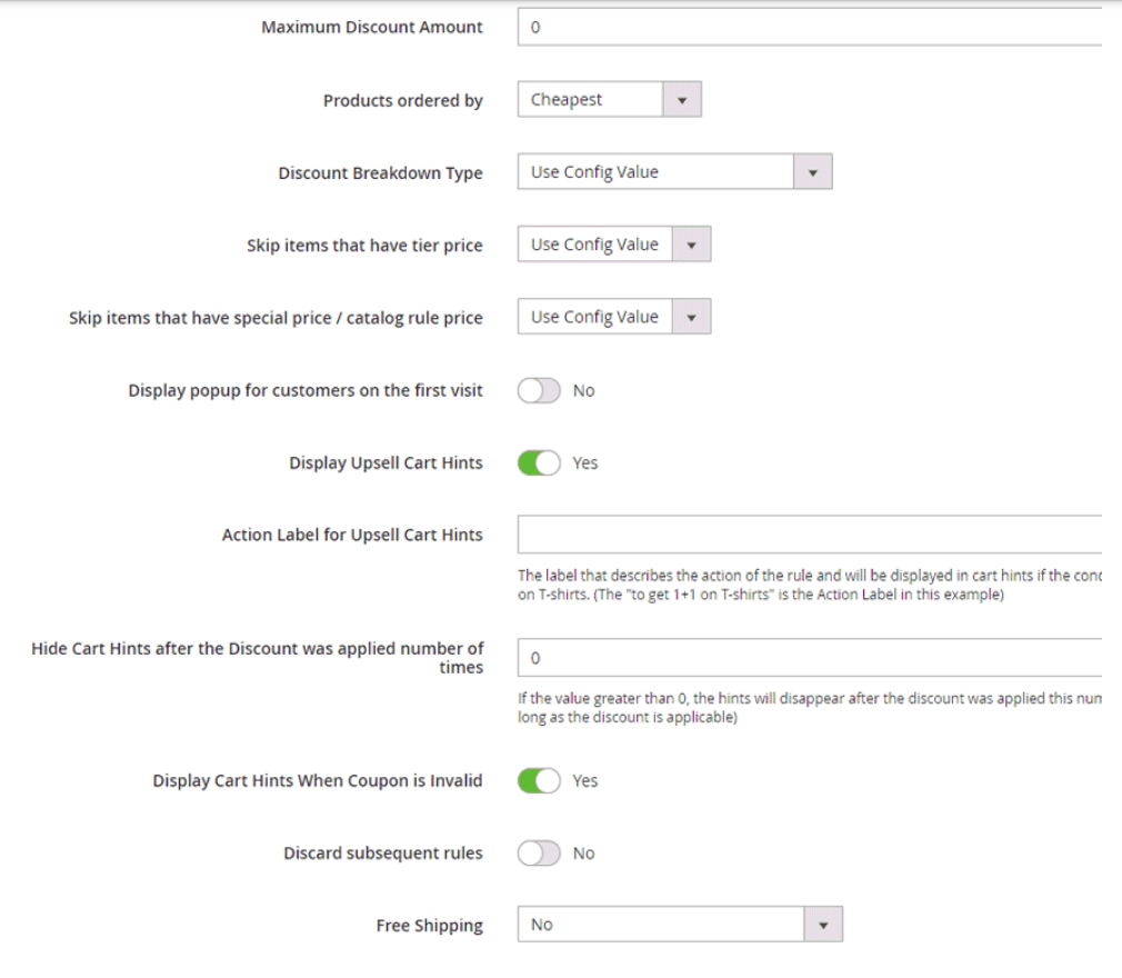 The cart rule fields on the backend