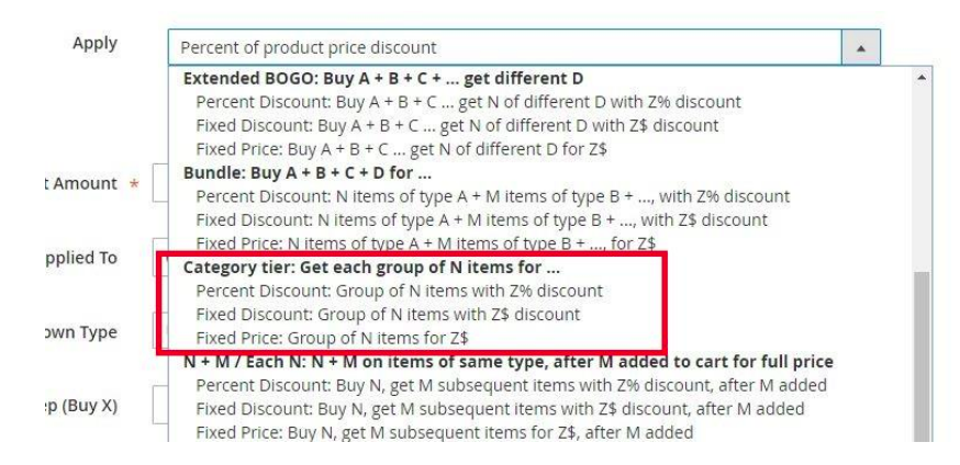 The category tier action is being selected in the cart rule configuration.