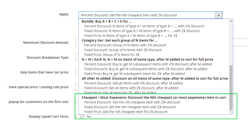 Cheapest / Most Expensive action is being selected in the cart rule configuration.