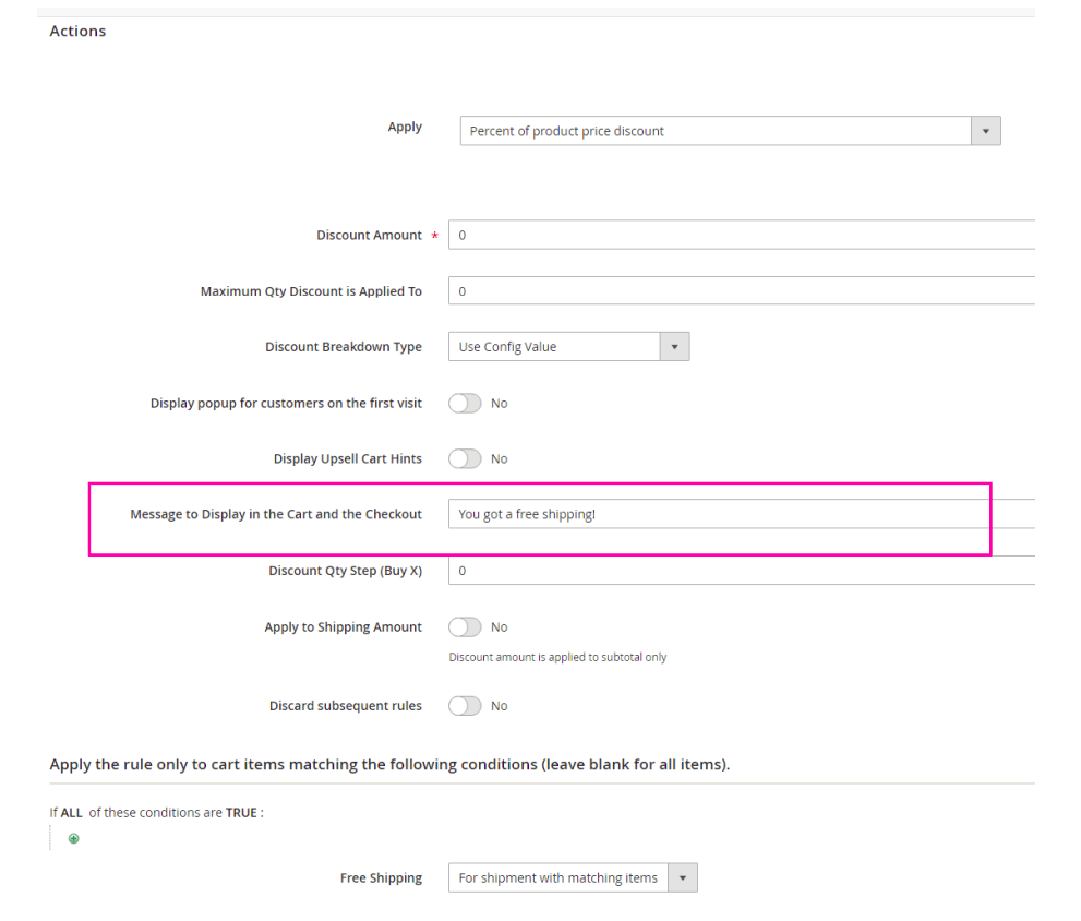 The actions tab of the example rule #1