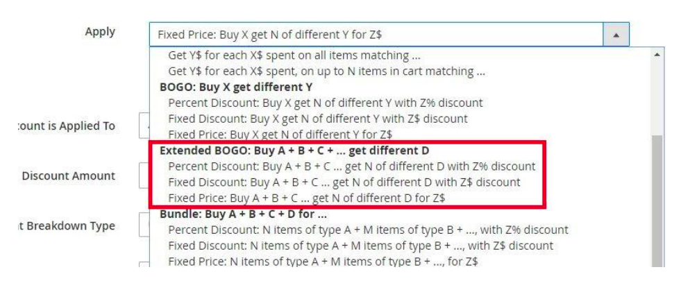 Extended BOGO action is being selected in the cart rule configuration.