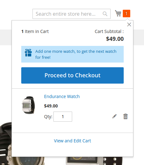 The Magento mini-cart shows a hint message that tells the customer to add another watch in order to get the next one for free