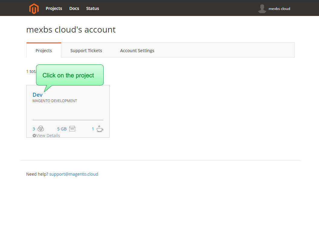 Magento Cloud account dashboard - click on the project