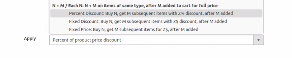 Magento price cart rule configuration, the N+M action type is selected