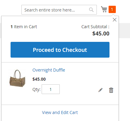 The mini cart in Magento 2 before the changes - the applied discount is not showing up in the mini cart