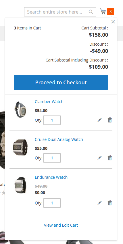 The Magento mini-cart shows has three watches and the cheapest is free