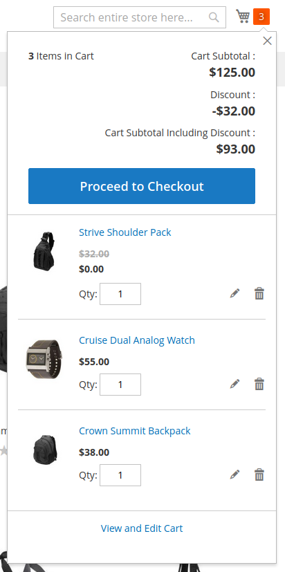 Magento cart with two watches and one bag. The bag is discounted, and there is a cart hint message showing up, telling the customer to add another bag for free.