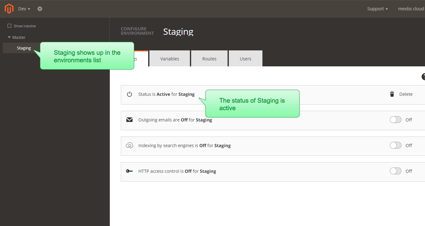 Magento Cloud web interface - the Staging environment status shows as active