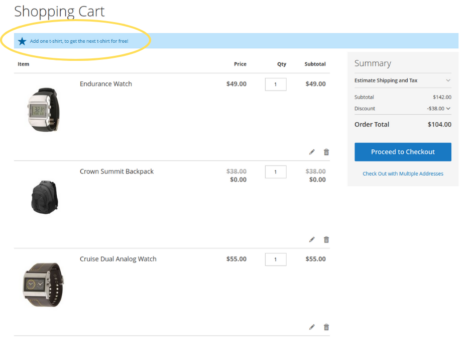 Magento cart with two watches and one bag. The bag is discounted, and there is a cart hint message showing up, telling the customer to add another bag for free.